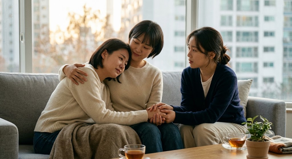 어려움을 겪을 때 따뜻한 위로와 정서적 지지를 해주는 친구들의 모습
