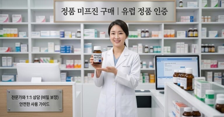 정품 미프진 약병을 들고 있는 전문 여의사와 안전한 1:1 비밀 상담 서비스 안내 이미지